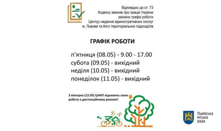 11 травня ЦНАПи Львова будуть вихідні
